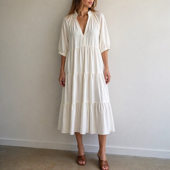 Amanda Uprichard Dresses & Skirts - Amanda Uprichard Ivory Tiered Midi Dress Ruffle Neck Size S Coastal Minimalist